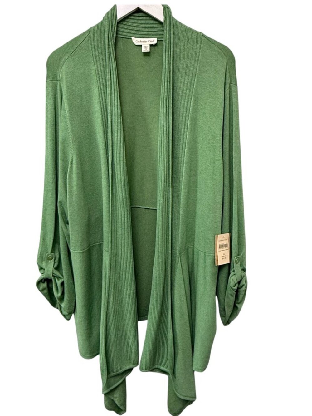 COLDWATER CREEK Cardigan Plus Size 2X Green Open Waterfall Knit Long Sweater NWT